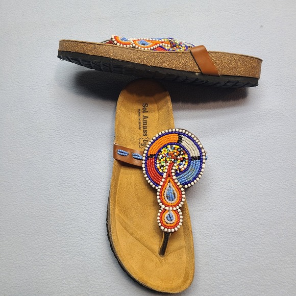 Sol Amass Shoes - Sol Amass Beaded Thong Sandals Womens 37 Brown Excellent Boho Cork Slides
